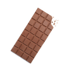 Bitten milk chocolate bar isolated on white, top view