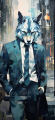A cubist portrait of a wolf in a business suit