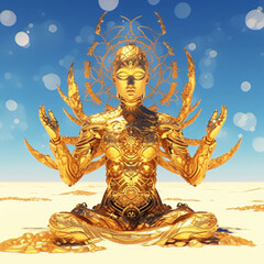 A meditating religious golden deity in the desert