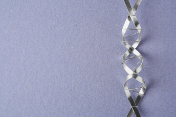 DNA molecular chain model made of metal on grey background, top view. Space for text