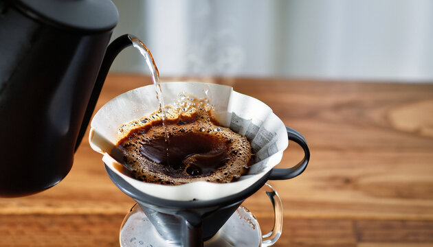 Making pour over coffee with hot water being poured from a kettle