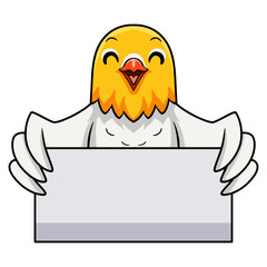 Cute opaline pale fallow lovebird cartoon holding blank sign