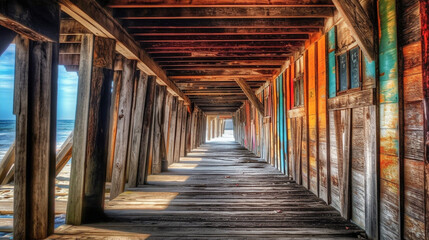 Vibrant colorful boardwalk or jetty in tranquil beach setting
