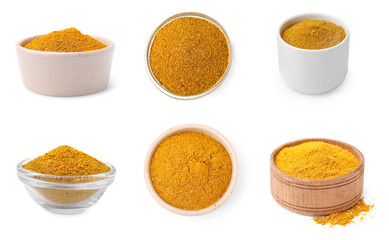 Collage with curry powder in bowls isolated on white