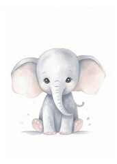 Cute Baby Elephant Sitting, Watercolor Nursery Art, Kids and Baby Room Design