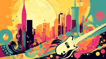 Vibrant whimsical cityscape with electric guitar. Artistic impression of summer in the city.