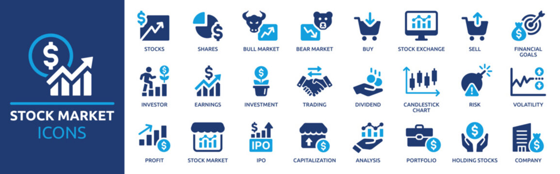 Stock market icon set. Containing stocks, stock exchange, financial goal, shares, investment, bull market, bear market and investment icons. Solid icon collection. Vector illustration.