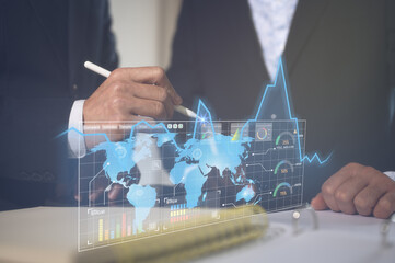 Two diverse businessman stock exchange market investors discussing research on report chart business planning growth data analysis invest strategy, financial risk, marketing strategy