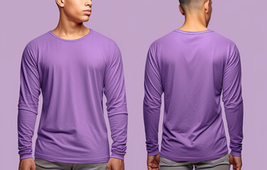 Man wearing a purple T-shirt with long sleeves. Front and back view