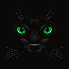 Vector 3d Realistic Green Cats Eye of a Black Cat in the Dark, at Night. Cat Face with Yes, Nose, Whiskers on Black. Cat Closeup Look in the Darkness. Front View