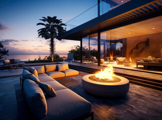 Fototapeta premium Modern luxury home with terrace and fire place. 