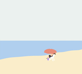 Woman on the beach during vacation holiday relax in the sun on their deck chairs under a pink umbrella. Minimal color.