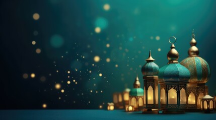 Obraz premium Islamic lamps with tasbih against blurred lights with text space can use for advertising, ads, branding
