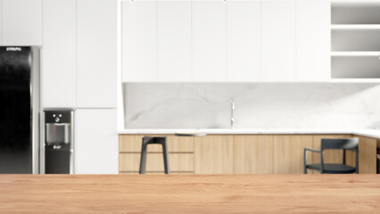 Empty wooden modern kitchen table with blurred kitchen background for product presentations, product display showroom stage plasement