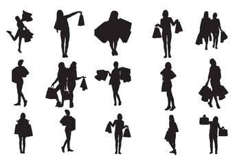 Set of women shopping silhouette