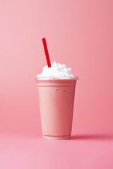 Strawberry milkshake in plastic takeaway cup isolated on pink background