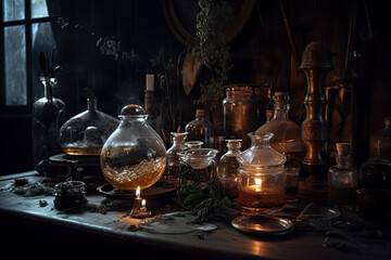 Fototapeta na wymiar Magic potion in old laboratory. Halloween concept. Witchcraft background. Generative AI