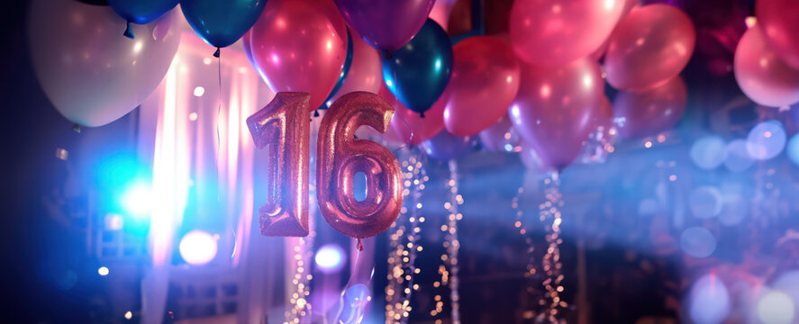 16thsweet sixteen birthday or anniversary balloons and confetti decoration for surprise parties event setup as wide banner with copy space area - Generative AI