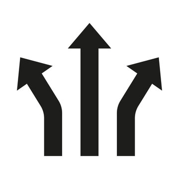 Road sign. Turn right, turn left, go straight. Three arrows. Vector illustration. stock image.