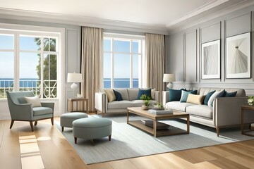 Naklejka na ściany i meble Hampton style living room. Home interior design 3d render illustration in pastel colors.