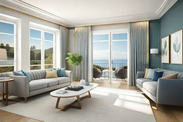 Fototapeta premium Hampton style living room. Home interior design 3d render illustration in pastel colors. 3D Illustration.