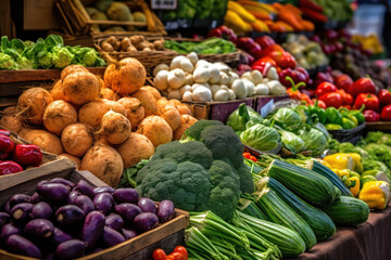 Capture the vibrant and colorful scene of a farmers market with this image showcasing a variety of fresh vegetables neatly arranged on display. Generative AI.