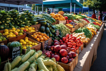 Fototapeta na wymiar Capture the vibrant and colorful scene of a farmers market with this image showcasing a variety of fresh vegetables neatly arranged on display. Generative AI.