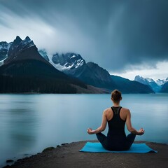 Someone is meditating in a quiet, beautiful and quiet place, mountainous areas, seaside and lakeside are good for mental health, peace of mind. Concept of generative Ai
