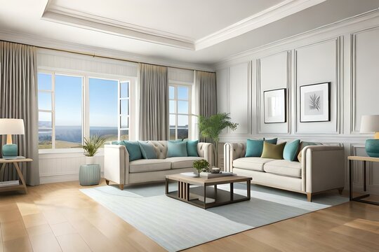 Hampton style living room. Home interior design 3d render illustration in pastel colors. 3D Illustration