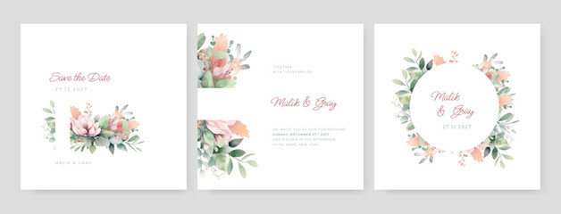 Vector wedding invitation template with beautiful watercolor leaf and flowers
