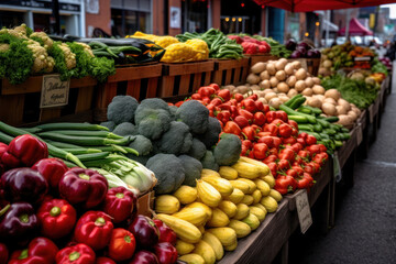 Capture the vibrant and colorful scene of a farmers market with this image showcasing a variety of fresh vegetables neatly arranged on display. Generative AI.