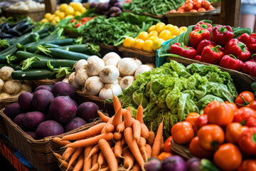 Capture the vibrant and colorful scene of a farmers market with this image showcasing a variety of fresh vegetables neatly arranged on display. Generative AI.