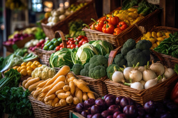 Capture the vibrant and colorful scene of a farmers market with this image showcasing a variety of fresh vegetables neatly arranged on display. Generative AI.