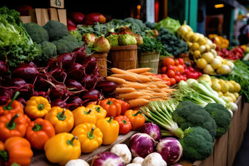 Capture the vibrant and colorful scene of a farmers market with this image showcasing a variety of fresh vegetables neatly arranged on display. Generative AI.