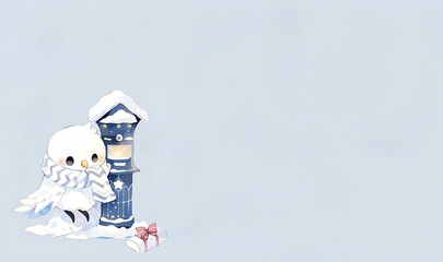 cute Snowy Owl with gift box and mailbox at Christmas in snow illustration, Christmas Festivals, Snowfall, Merry Christmas,Winter,Copy space, Cards, illustration made with generative AI.
