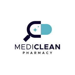 Simple logo combination medicine and magnifying glass. It is suitable for use as a drug research lab logo.