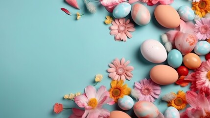 Fototapeta na wymiar Colorful eggs and flower on pastel background for Happy Easter Day