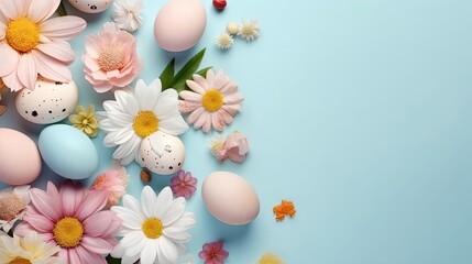 Naklejka na ściany i meble Colorful eggs and flower on pastel background for Happy Easter Day