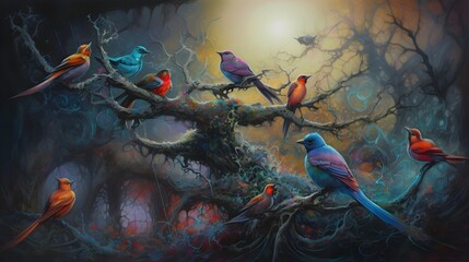 alien bird species on a tree generative art