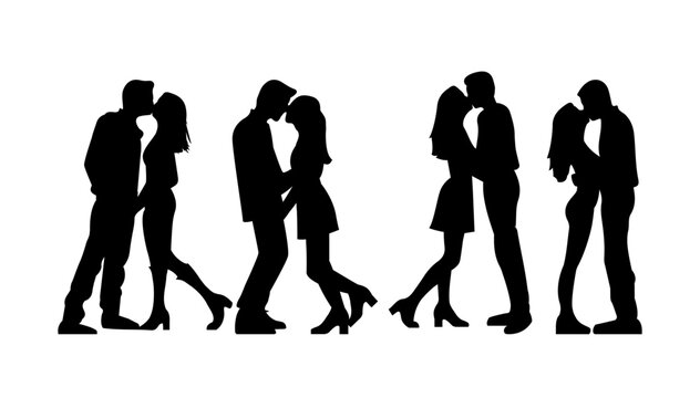 silhouettes of men and women kissing, Falling in love on white background