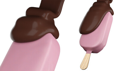 3d rendering chocolate cream pour on strawberry ice cream with alpha matte.