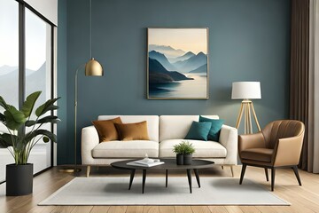 Poster frame mock-up in home interior background, living room in beige and brown colors.