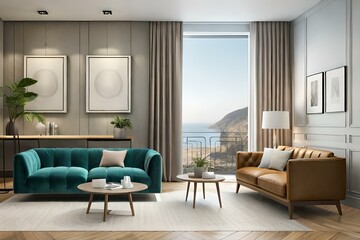 Poster frame mock-up in home interior background, living room in beige and brown colors, 3d render