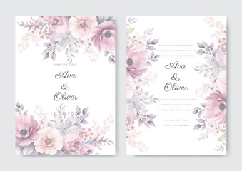 Fototapeta na wymiar Hand drawn floral wedding invitation card template. Pink floral watercolor background.