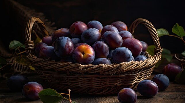 Closeup Fresh Plum Fruits in a bamboo basket with blur background