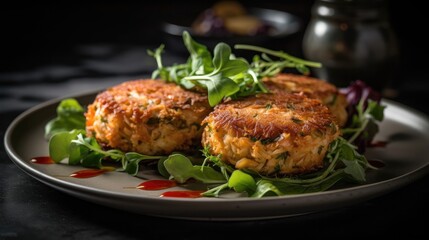 Closeup Maryland Crab cakes with chopped greens on a wooden plate with a blurred background
