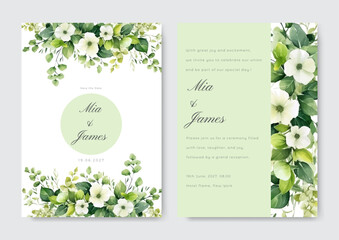 Wedding invitation card template set with green floral and watercolor background. Garden theme wedding invitation