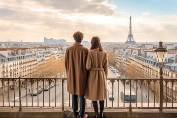 Fototapeta na wymiar Paris travel destination. Tourist couple on sunny day looking at beautiful cityscape. Generative AI.