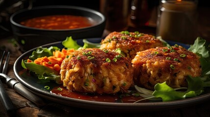 Closeup Maryland Crab cakes with chopped greens on a wooden plate with a blurred background