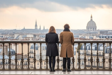 Paris travel destination. Tourist couple on sunny day looking at beautiful cityscape. Generative AI.